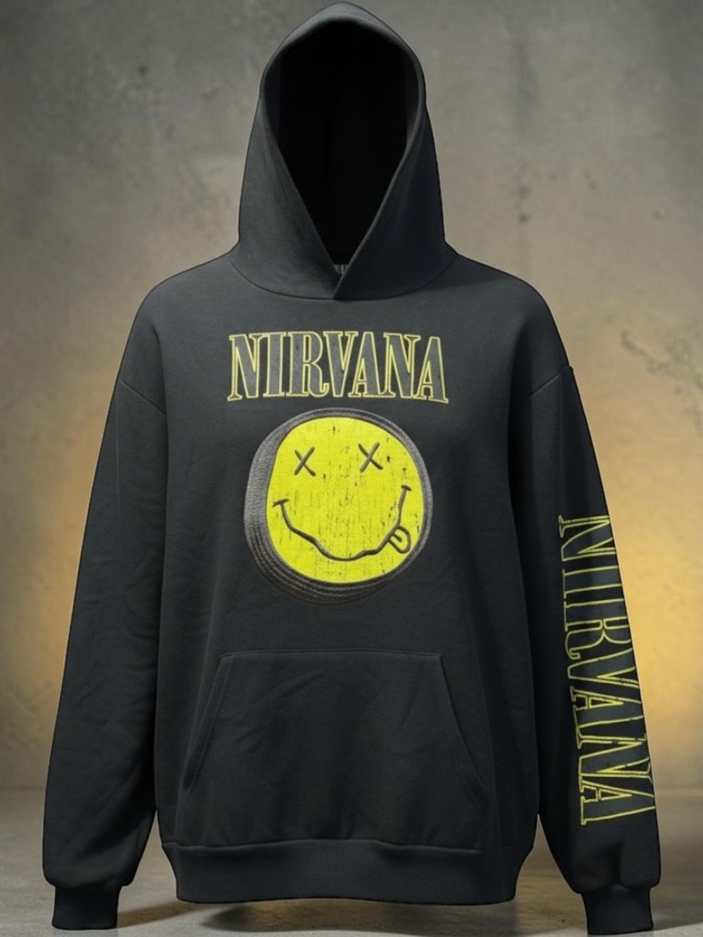 NIRVANA Black Hoodie with Yellow Logo and Sleeve Text